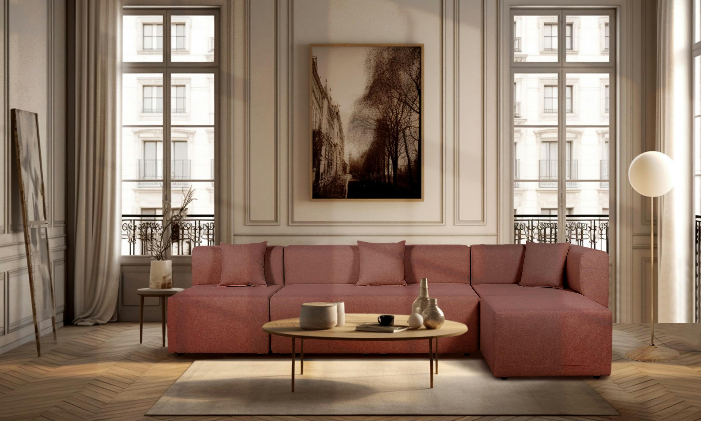 PINOT - Canapé d'angle modulable 5 places en tissu rose