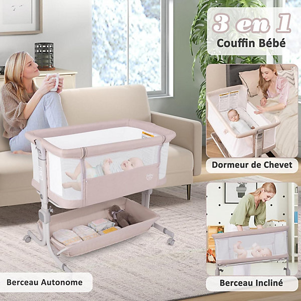 Berceau Cododo Lit Bebe Pliable 3 en 1 avec 6 Hauteur Réglable Angle Inclinaison Berceau Bébé évolutif avec Rangement Beige