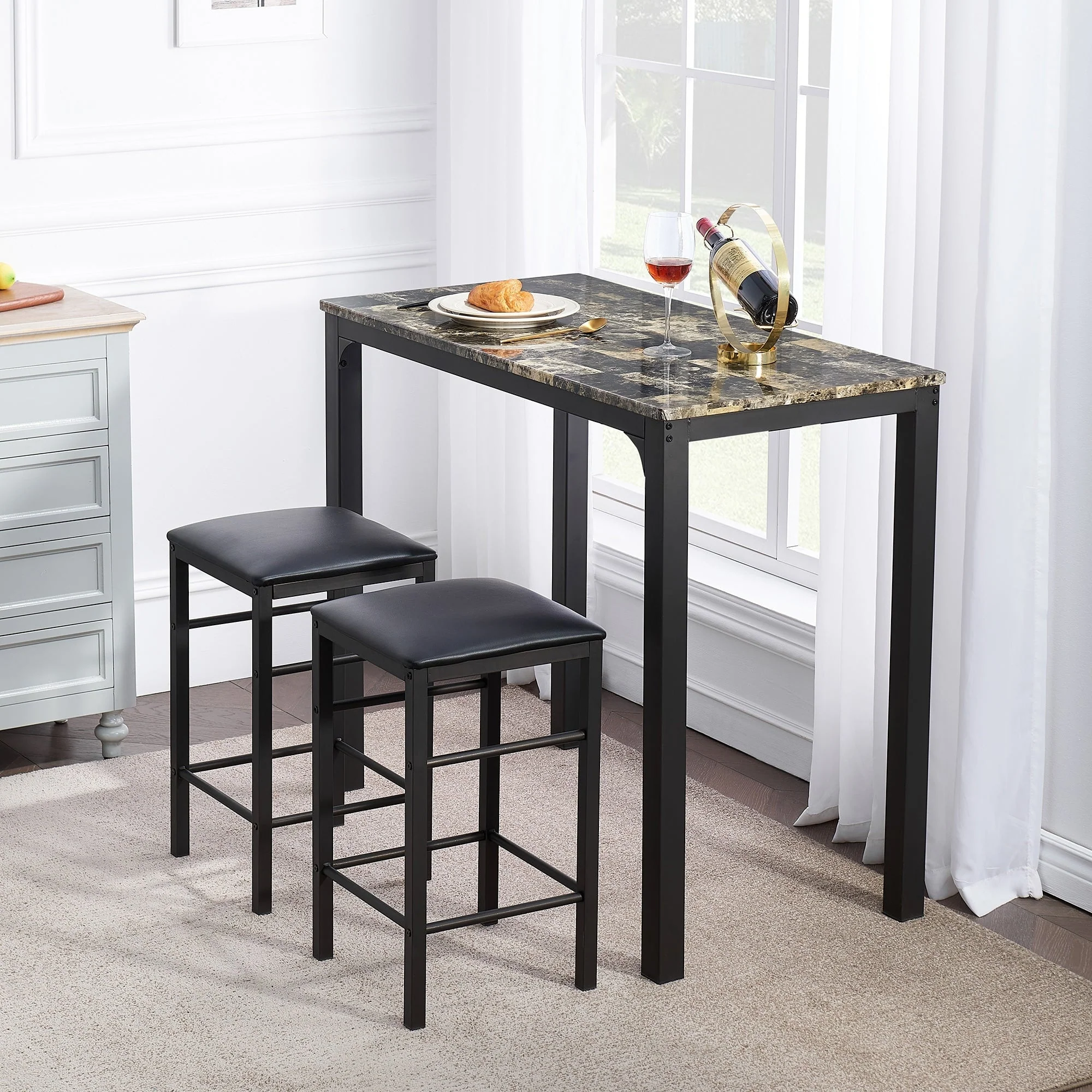 VECELO 3-Piece Dining Table Set for 2, Small Space Kitchen Table & Chairs Set with 2 Stools, Counter Height for Kitchen