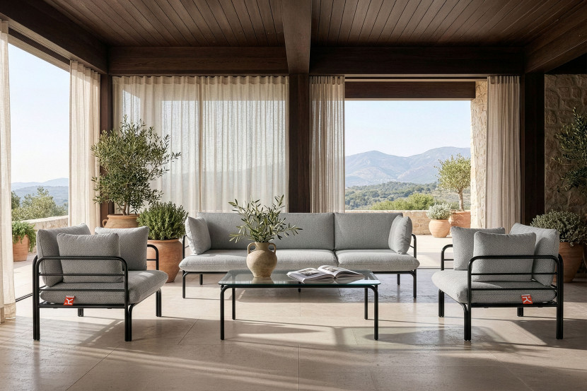 KONSIMO RAMBE Zestaw mebli ogrodowych 2x fotel   sofa trzyosobowa   stolik