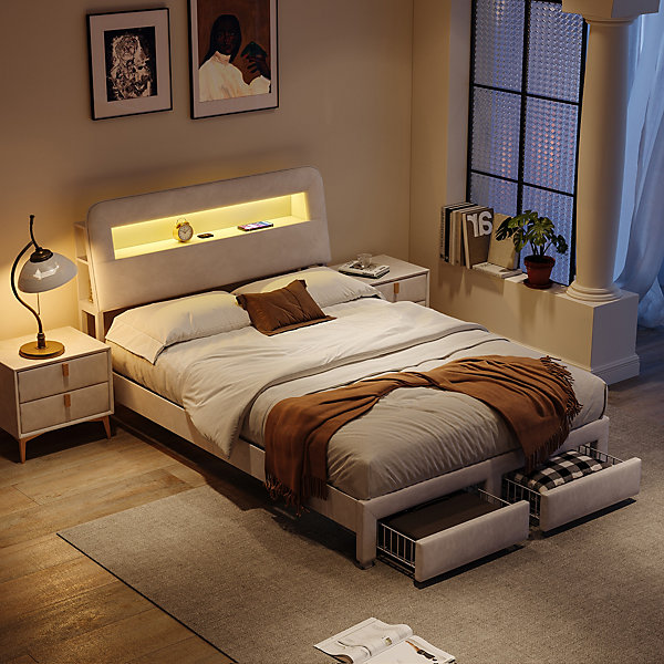 Lit coffre 160x200 cm, velours beige, tête de lit avec rangement, ports USB, LED, 2 tiroirs.