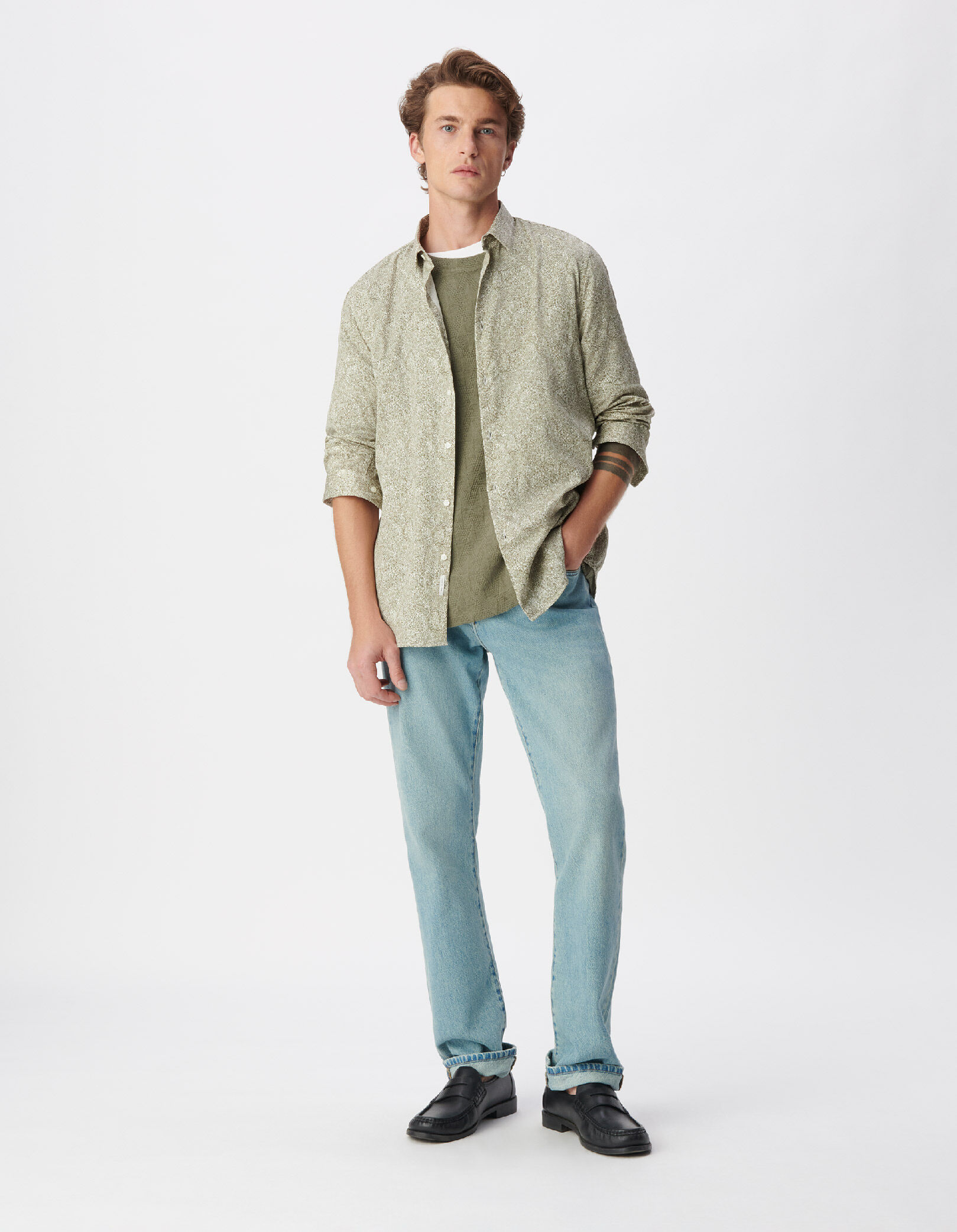 Chemise regular kaki imprimé végétal Homme