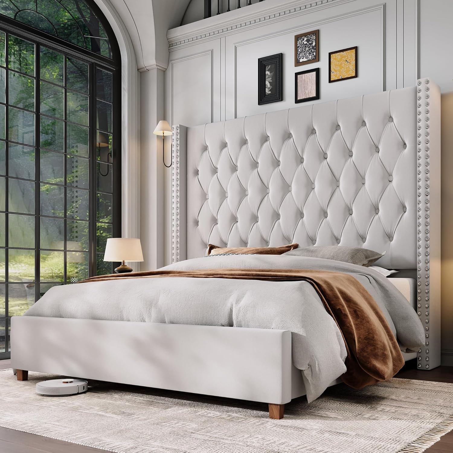 Jocisland King Size Bed Frame with 61.4 Tall Headboard, Velvet Upholstered Wingback Platform Design, Handcrafted Pleats& Deep Button Tufted, Solid Wood Legs, No Box Spring Needed, Cream
