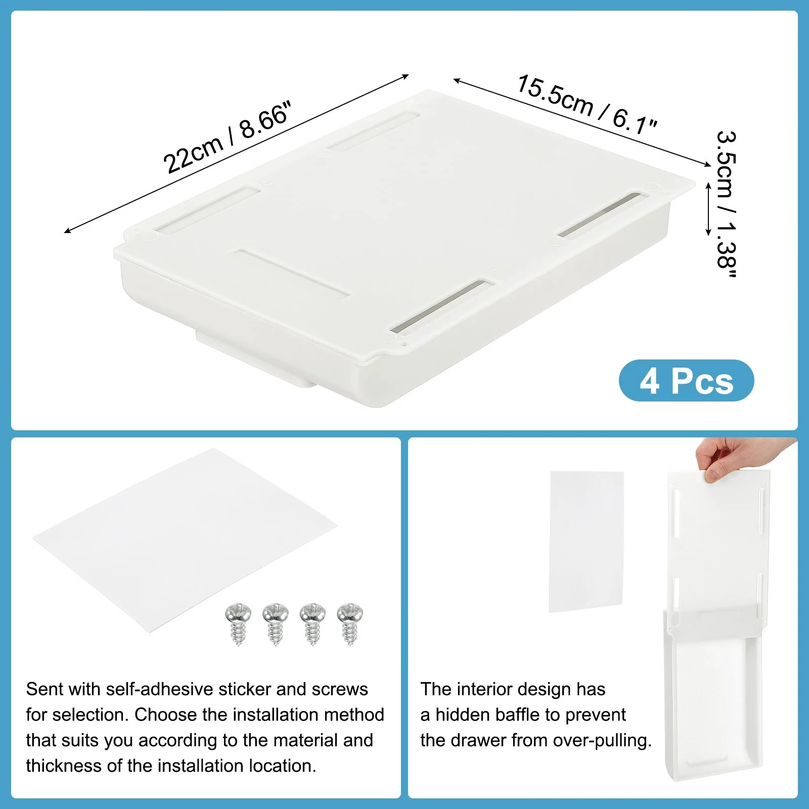 4 Pcs Self-Adhesive Under Desk Drawer for Standing Desk Office - 8.66 x 6.1 x 1.38 inches