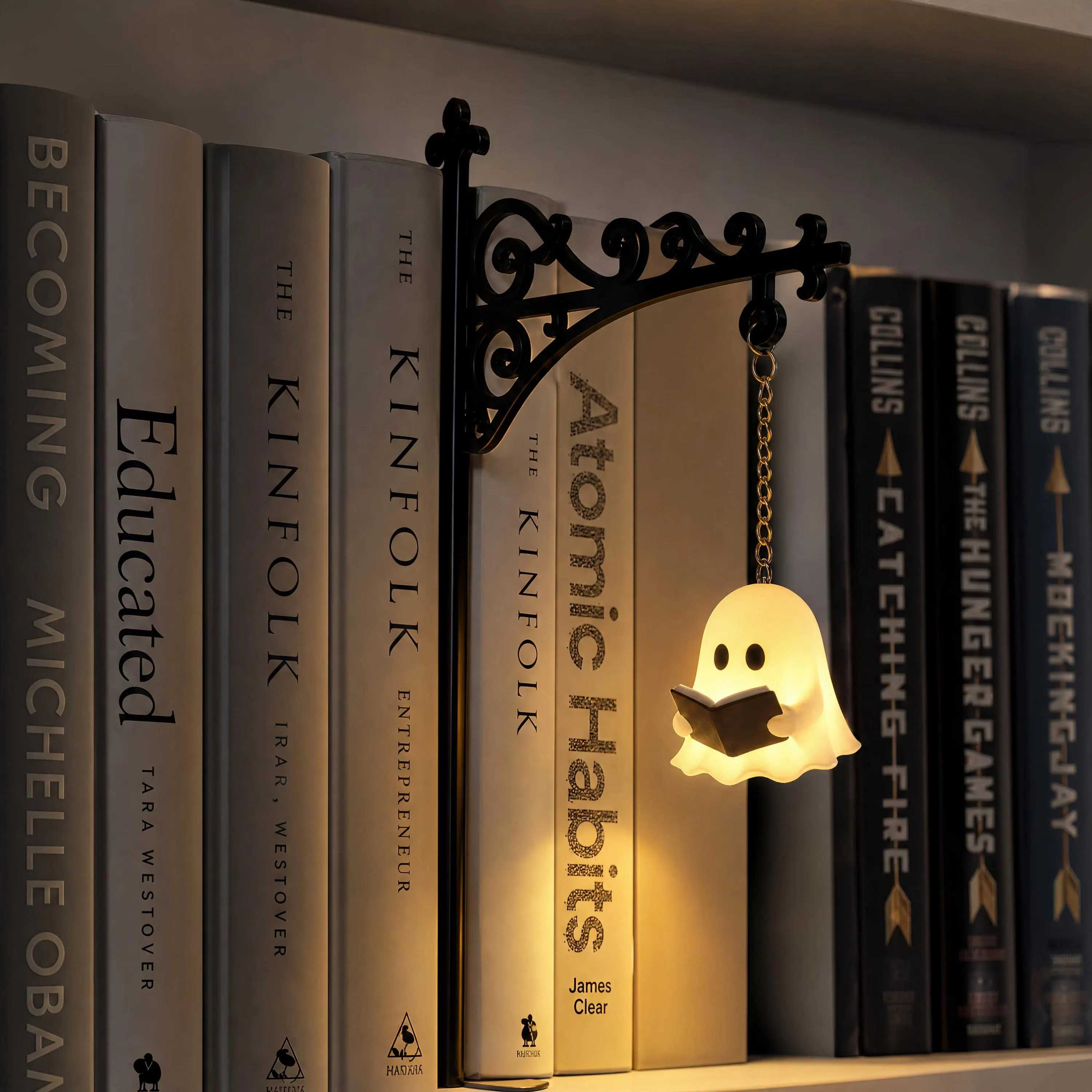 Gothic Victorian Hanging Bookend with Halloween Pumpkin Light – Vintage Scrollwork Iron Shelf Decor, No-Drill Ghost or Lamp Night Light,