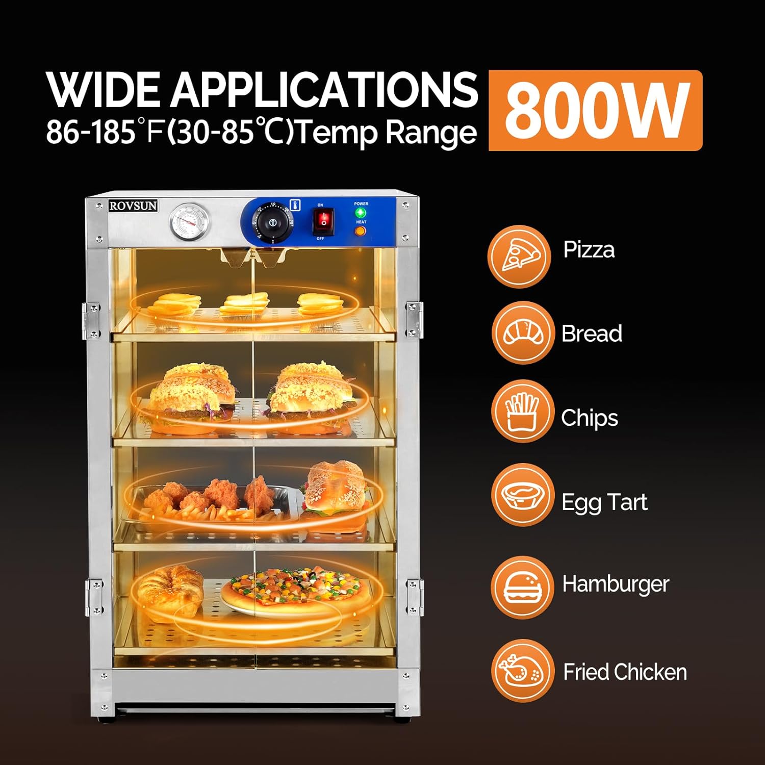 ROVSUN 4-Tier Commercial Food Warmer Pizza Warmer Countertop, Food Warmer Display with LED Lighting Removable Shelves Glass Door, Pretzel Warmer for Buffet Restaurant Cafe, 110V 800W