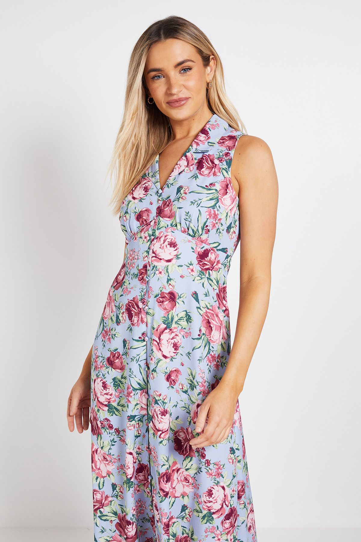 Dorothy Perkins Blue Floral Button Through Midi Dress