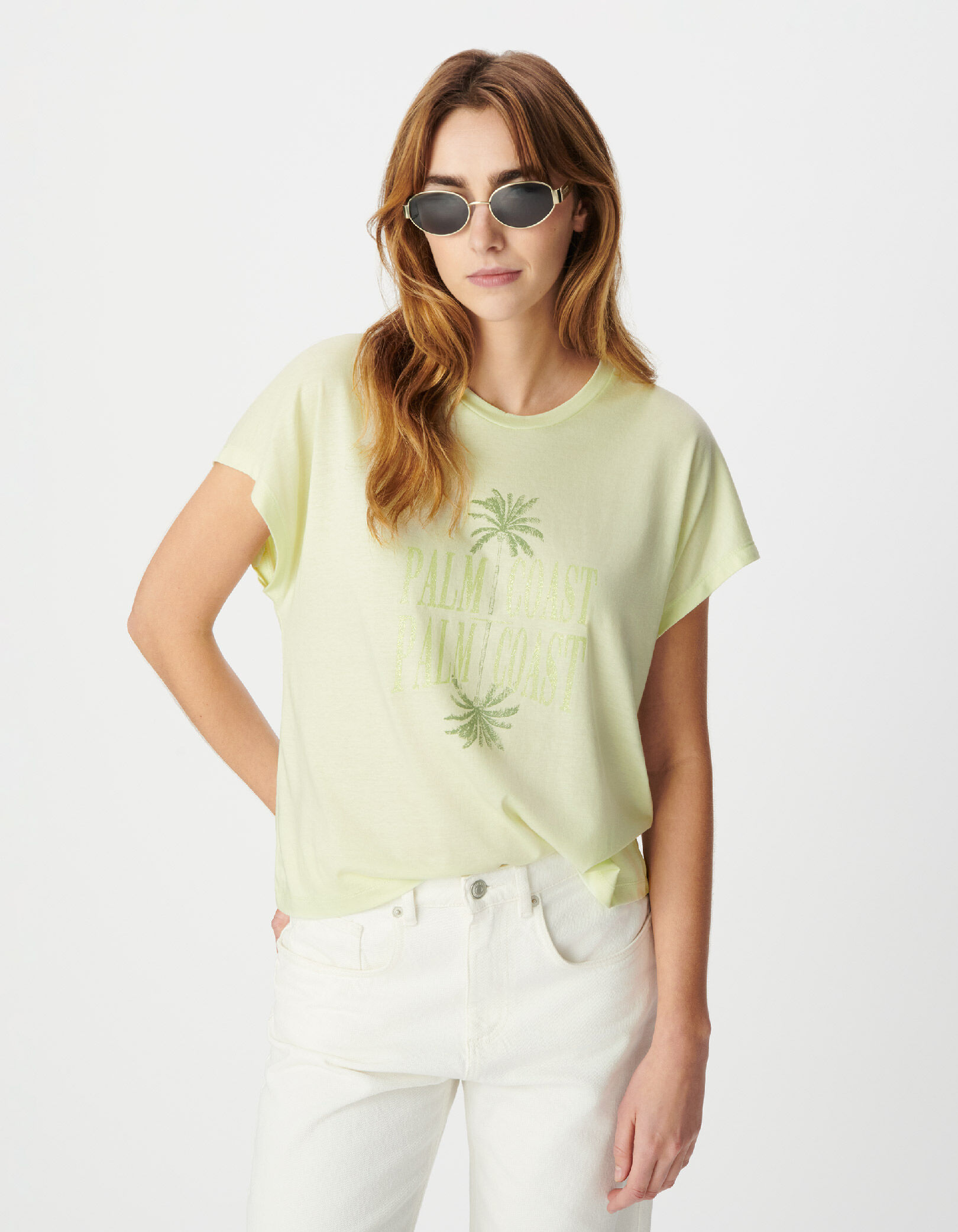 Tee-shirt vert visuels palmiers et message pailleté Femme
