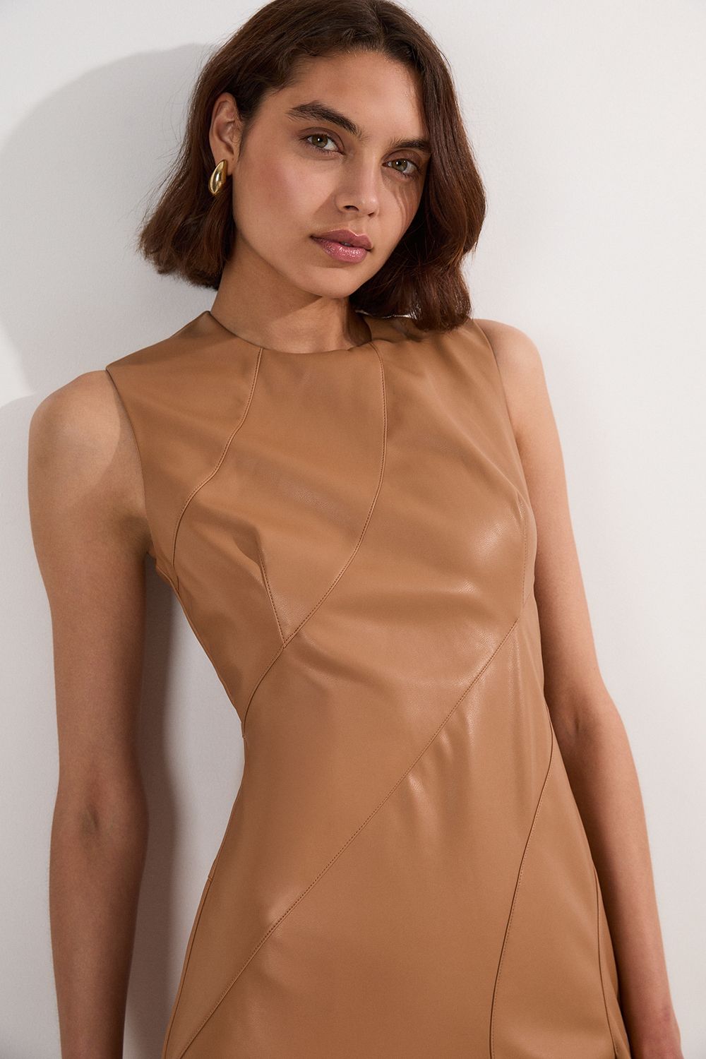 KarenMillen Faux Leather Seam Detail Full Midi Dress