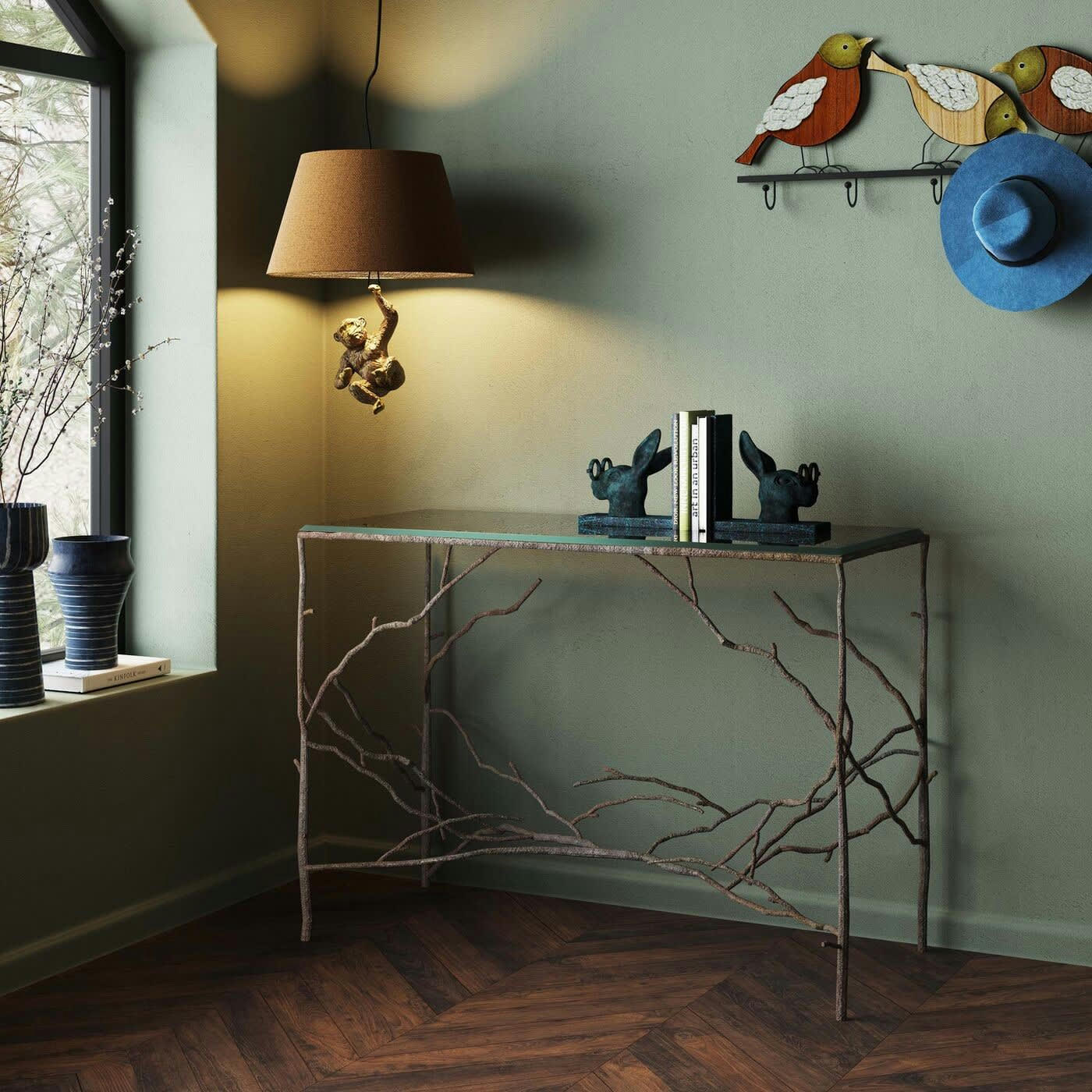 - Console branches en verre et aluminium