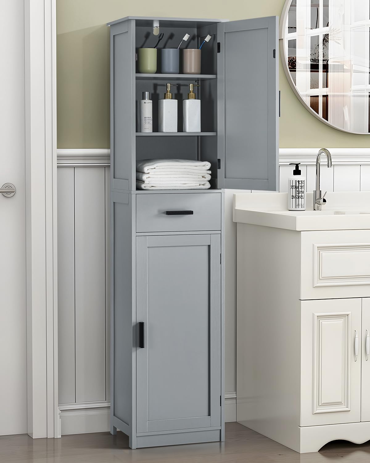 usikey 67“ Tall Bathroom Cabinet, Storage Cabinet with 4 Shelves & 2 Doors, Narrow Storage Cabinet for Bathroom, Living Room, Home Office, Greige UNSNG040G
