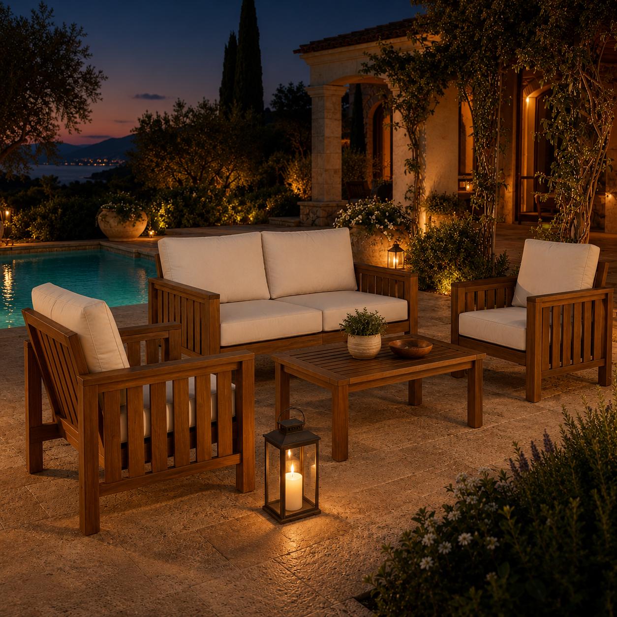 Solid Wood Outdoor Patio Furniture, Single Chair, Double Loveseat or Tea Table for Garden, Balcony & Terrace
