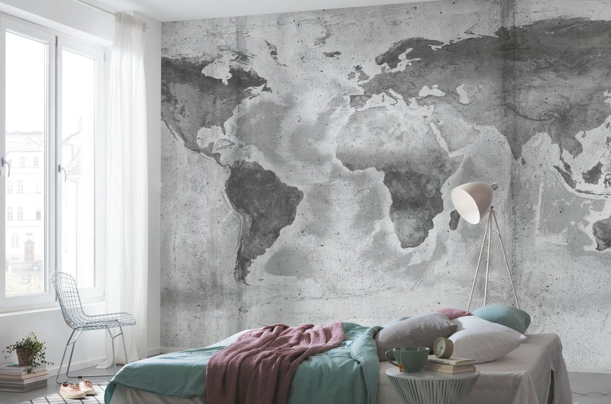 Sanders & Sanders fotobehang beton wereldkaart grijs - 500 x 250 cm - 612363
