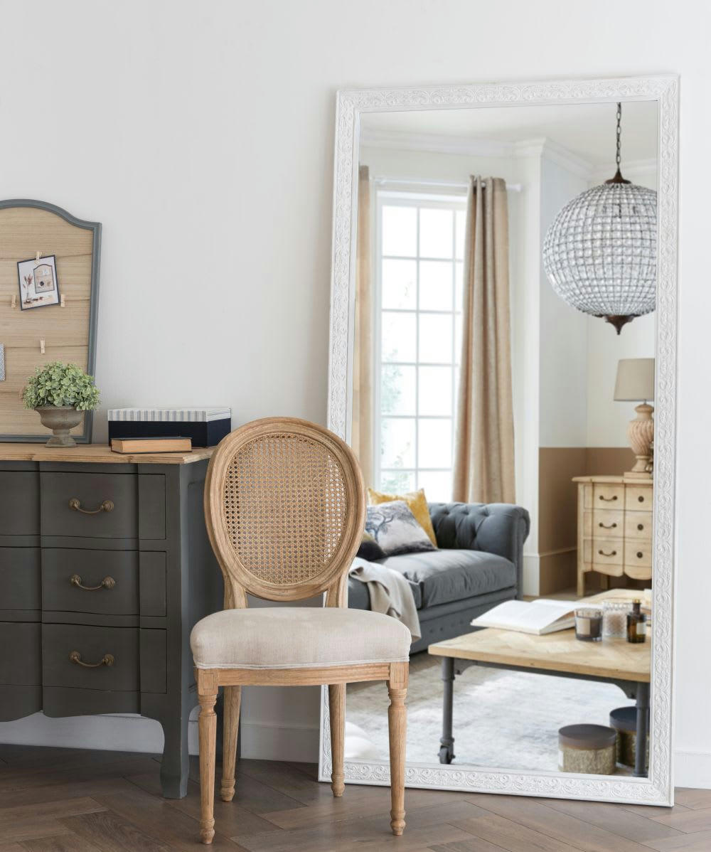 PAULINE - Grand miroir rectangulaire à moulures blanc grisé 90x180