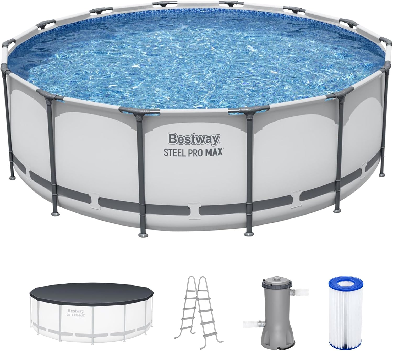 Bestway Steel Pro MAX 14' x 48 Above Ground Pool  Round Metal Frame Outdoor Swimming Pool Set with Filter Pump  Ladder  and Cover  Gray