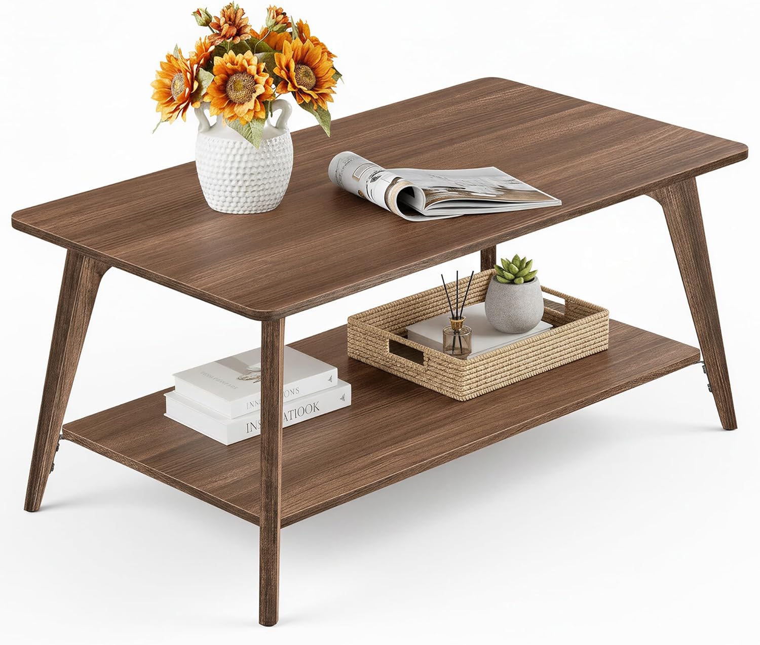 VASAGLE MAEZO Collection - Coffee Table, 2-Tier Center Table with Storage, Tapered Legs, Curved Transitions, 21.7 x 39.4 x 17.7 Inches, Easy to Assemble, for Living Room, Chestnut Brown ULCT249KX01S