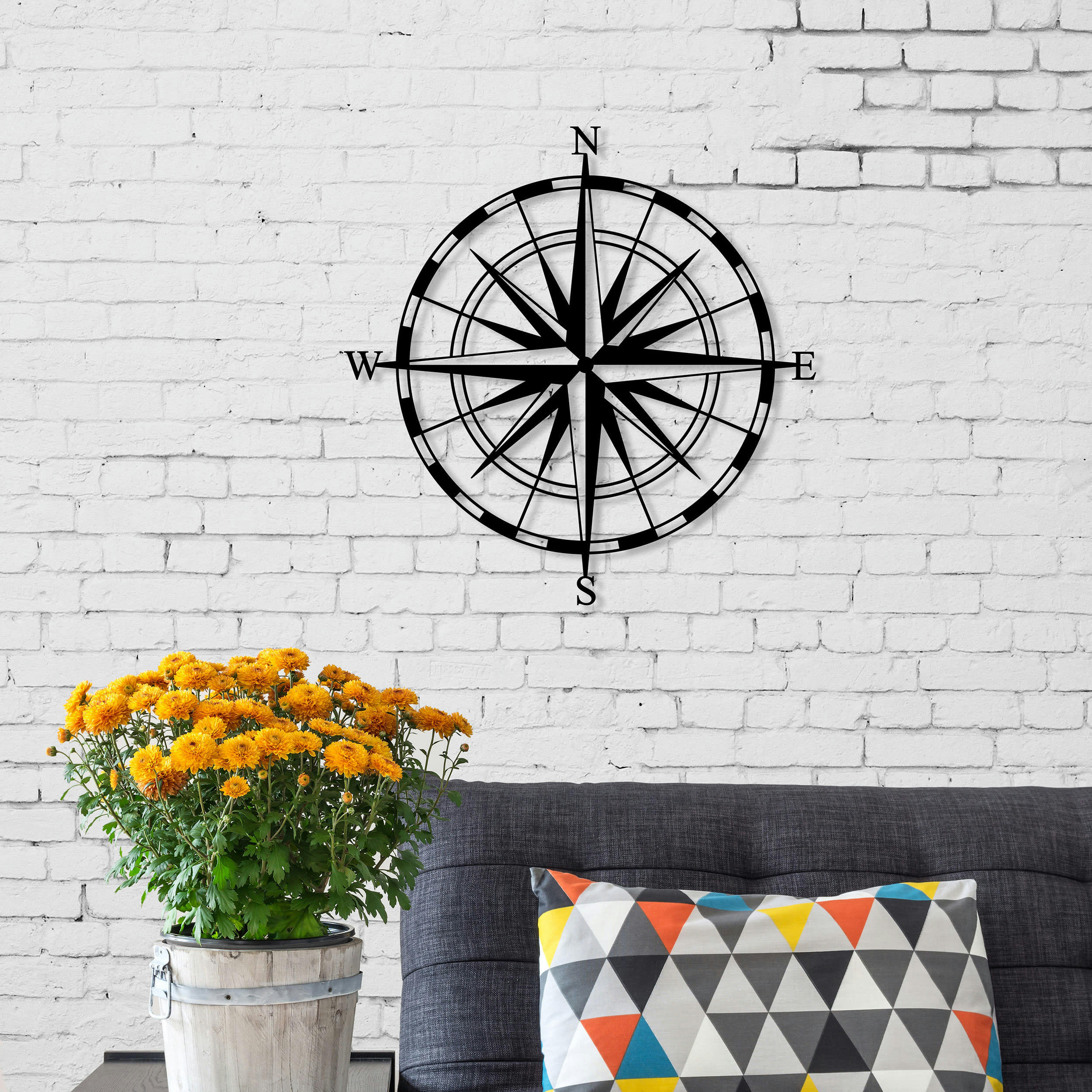 - Déco murale boussole en métal noir 45x45 cm