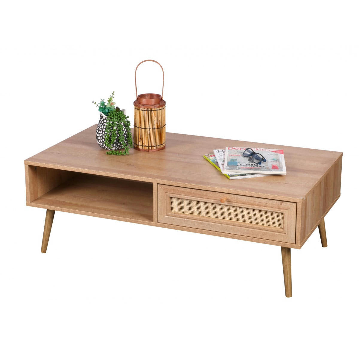 BALI - Table basse bois et rotin 1 tiroir  - 110x59x39cm