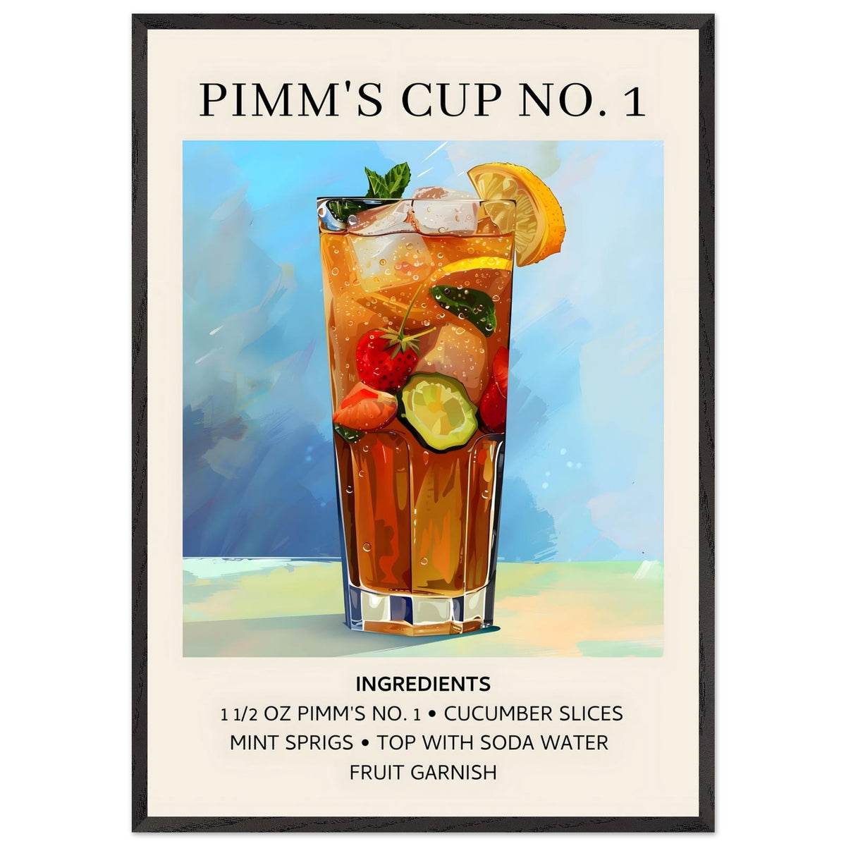Artfulprints Poster met Lijst Pimm's Cup No. 1 cocktail - Ingrediënten  - 70x100 cm - Blauw