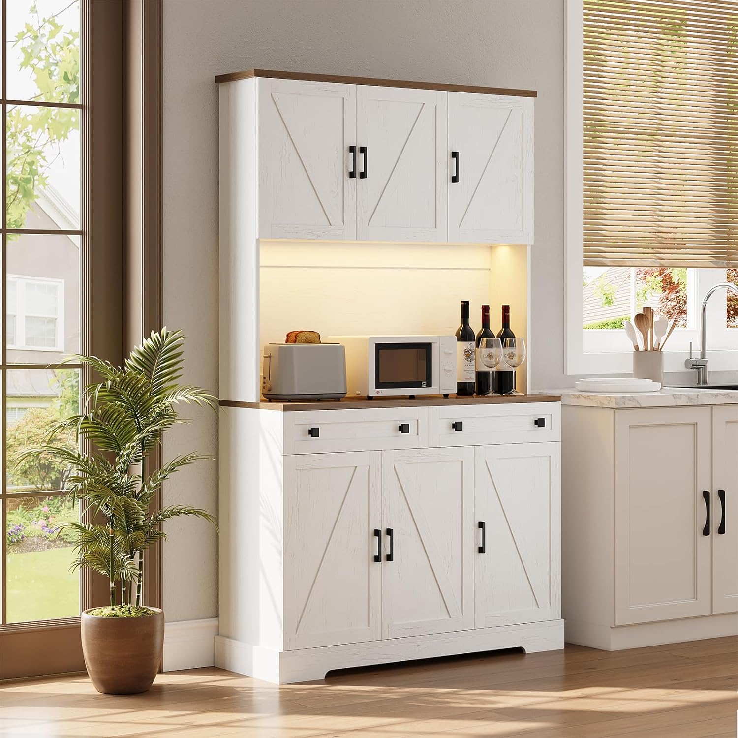 71 Kitchen Pantry Cabinet with Charging Station & LED Lights, Tall Kitchen Storage Cabinet with Hutch Coffee Bar, Farmhouse Pantry with Door Shelf & pull out Shelf for Dining Room Kitchen, White