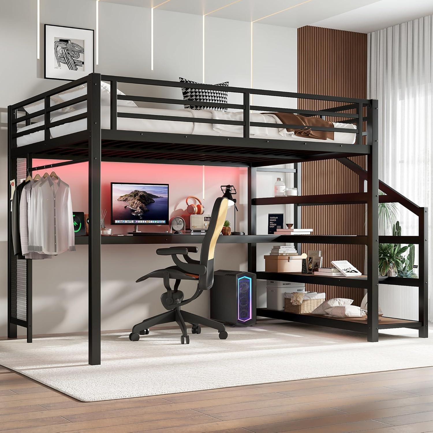 Bellemave Metal Queen Size Loft Bed with Desk and Storage Stairs,Heavy Duty Loft Bed Frame Queen Size with LED Lights and Charging Station for Kids,Teens,Adults,Black