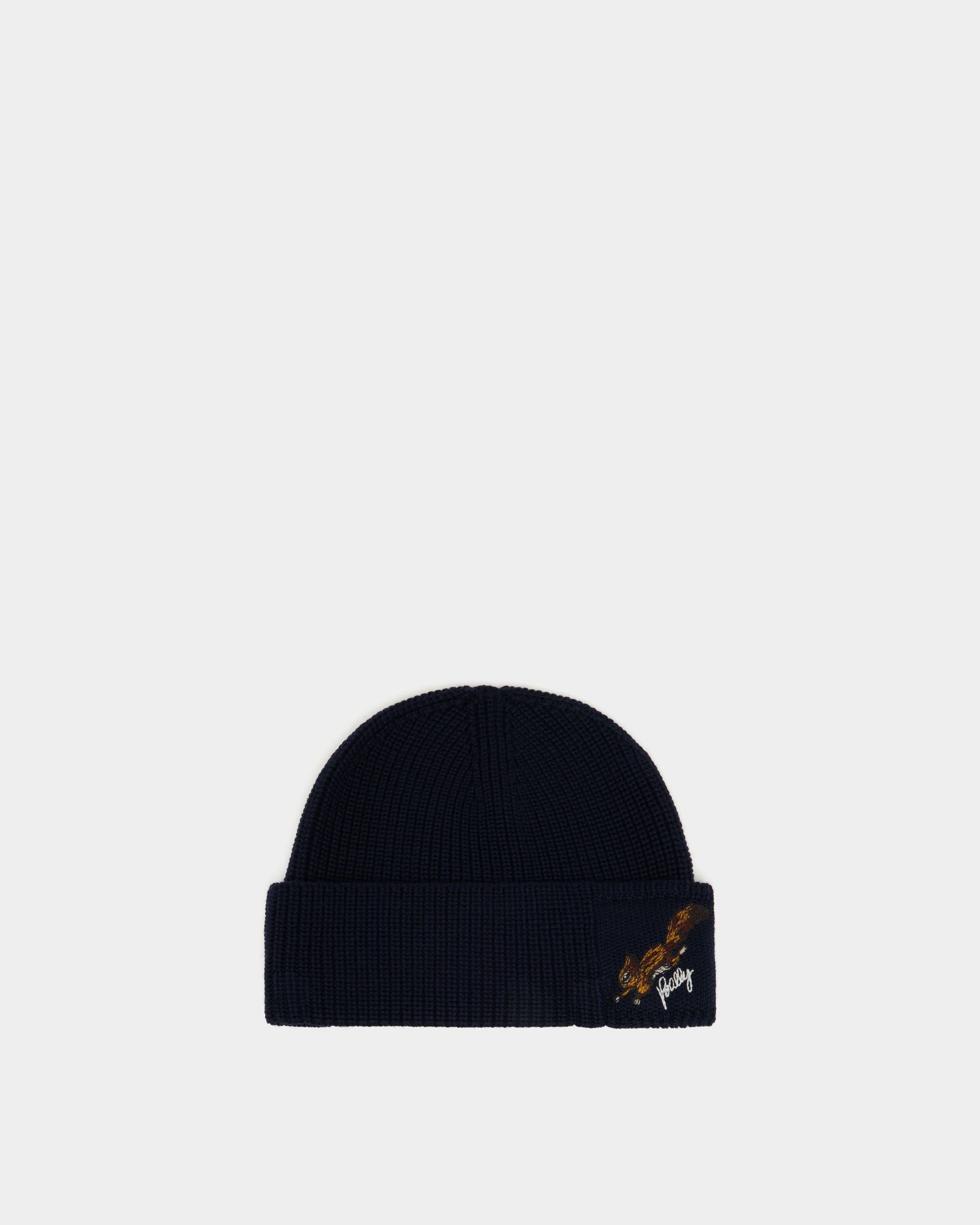 Weihnachtsmütze aus marineblauer Wolle mit Bally-Logo und Eichhörnchen