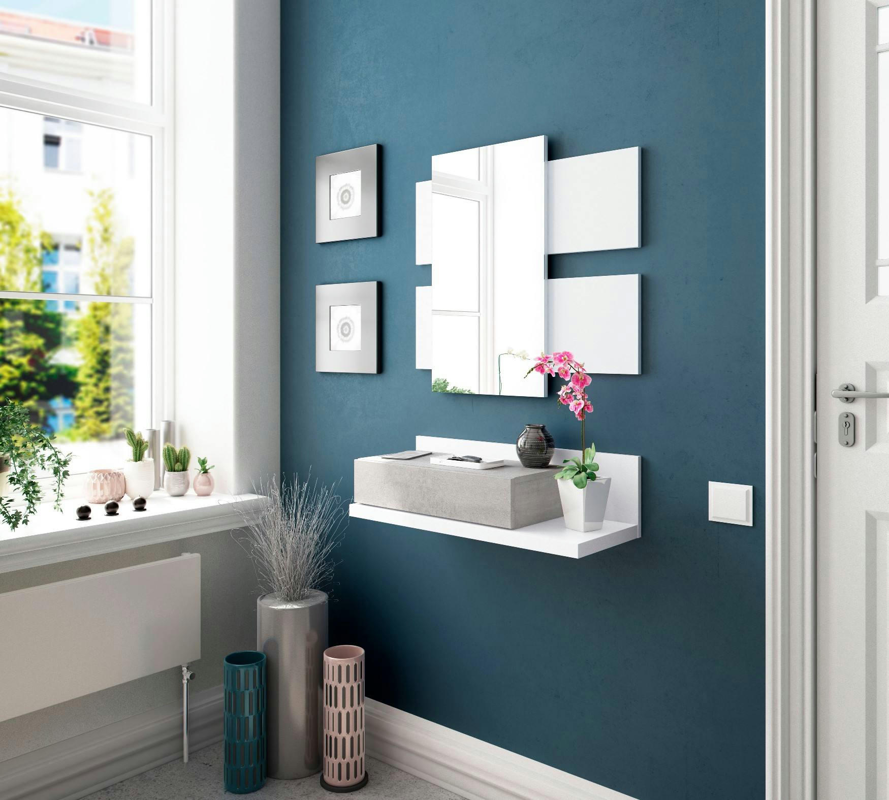 DCORI - Meuble d'entrée avec miroir effet bois blanc et béton