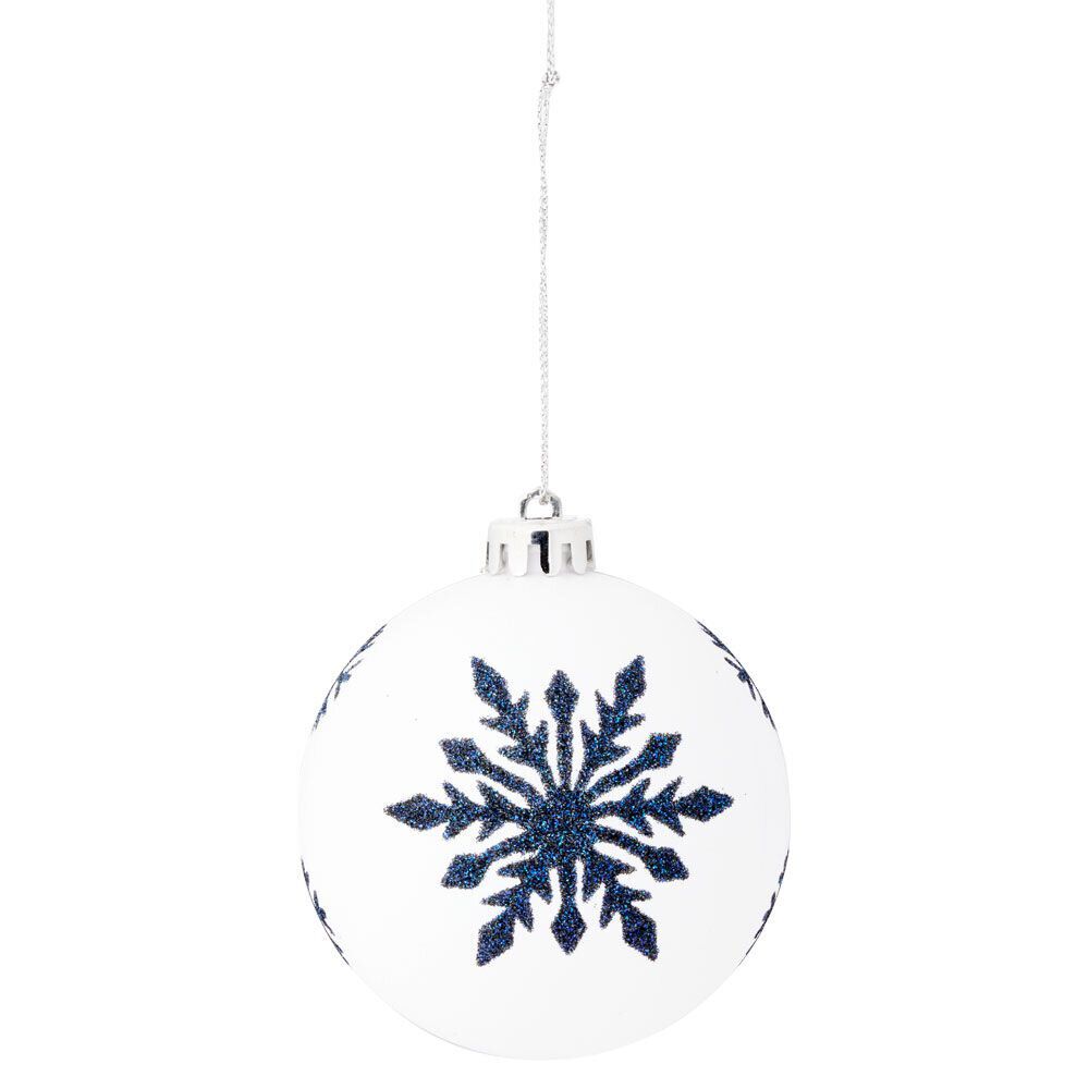Boule de No&euml;l imprimé flocon pailleté bleu et blanc Ø8cm