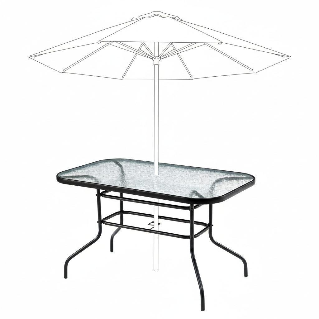 Duży szklany stół ogrodowy taras balkon 120x70 transparentny otwór parasol