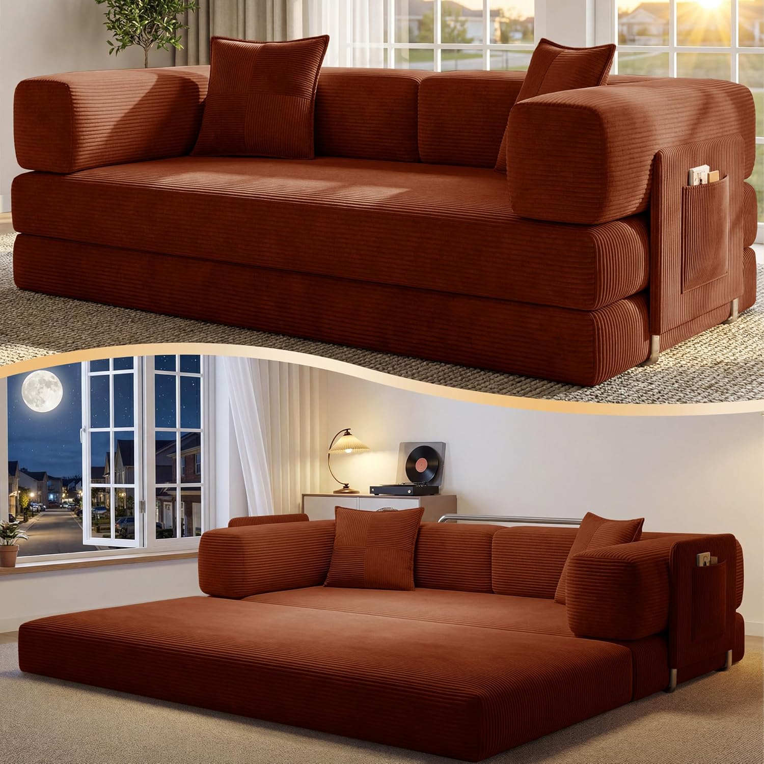 78.8 Convertible Futon Sofa Bed,Corduroy Futon Couch with Storage Pocket,Folding Pull Out Sofa,No Assembly Boneless Couch for Living Room,Rust Red