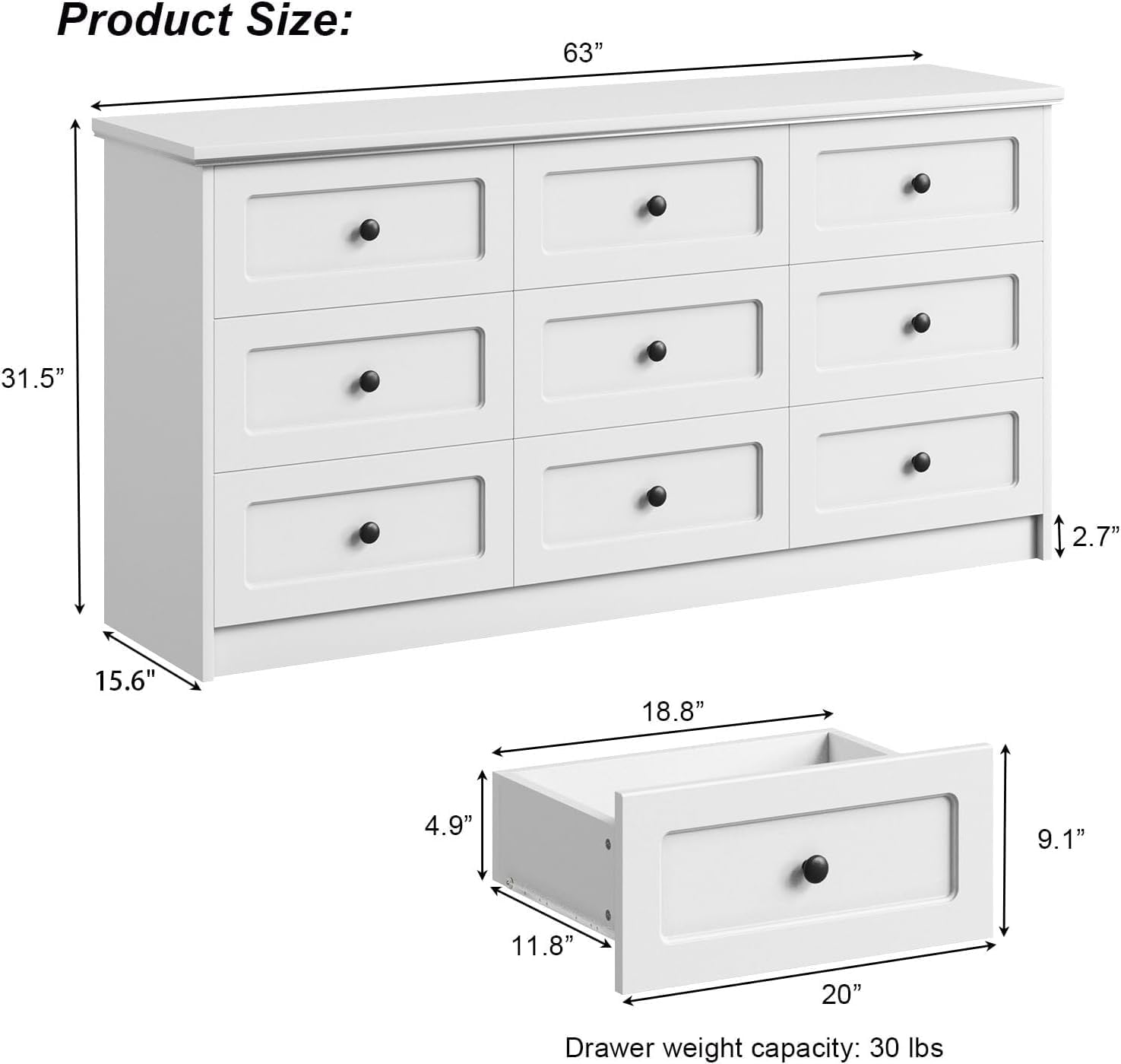 63 Inch 9 Drawer Tall Dresser, White Dresser for Bedroom, Modern Chest of Drawers with Deep Drawers and Handles, Wooden Dressers TV Stand, Long Dressers Organizer for Living Room, Hallway