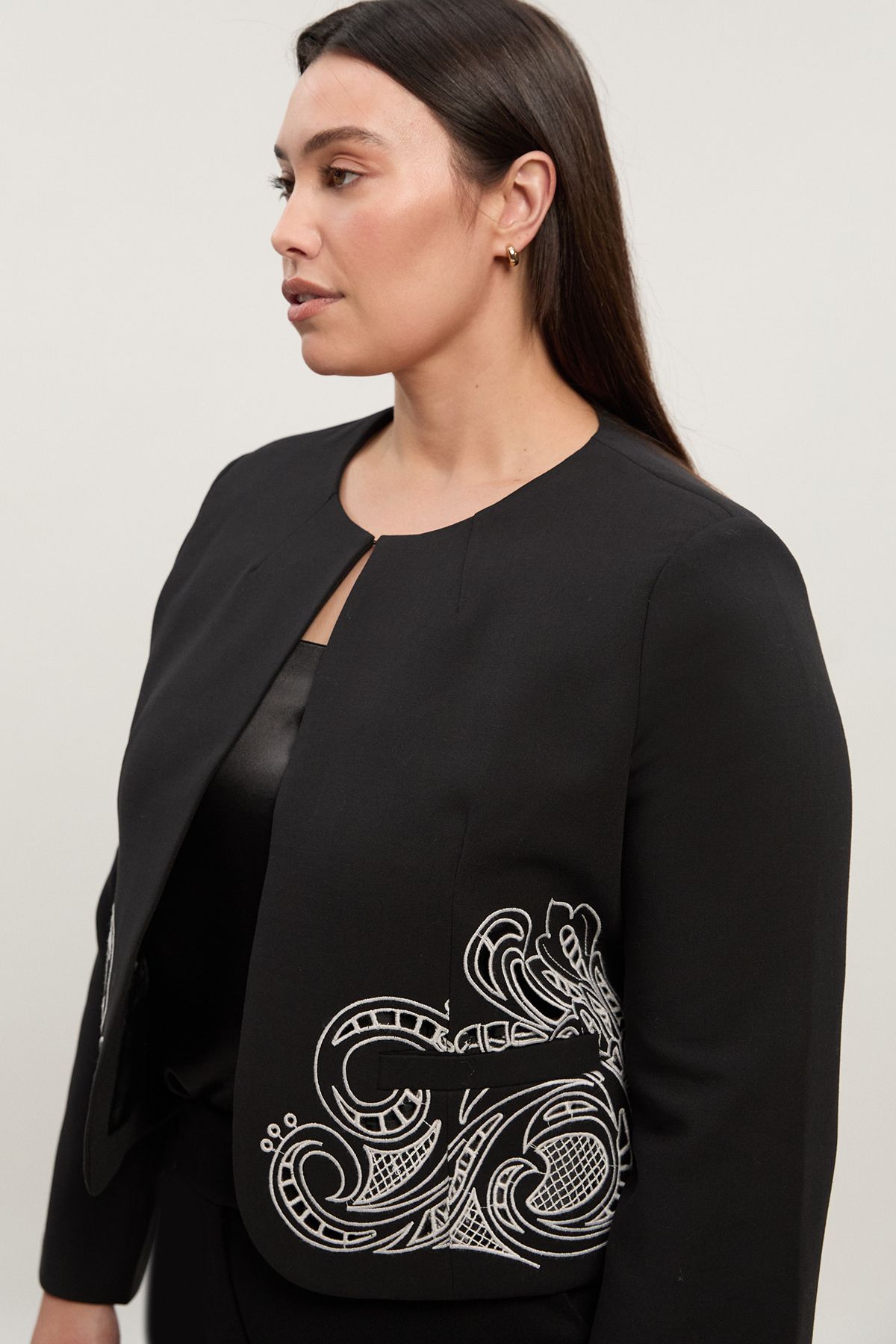 KarenMillen Plus Size Tailored Cutwork Detail Collarless Jacket