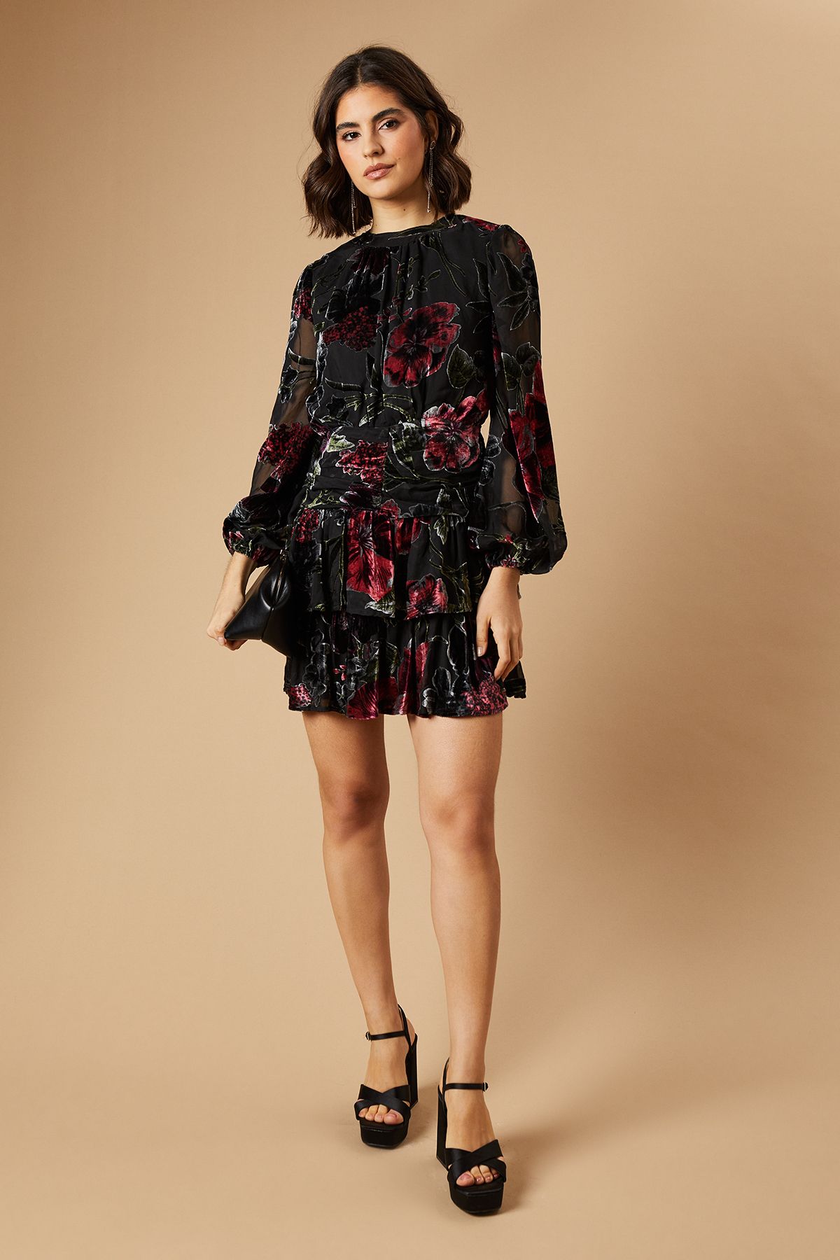Oasis Velvet Tiered Blouson Sleeve Mini Dress