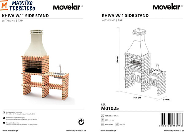 MOVELAR - Module pour Barbecue en Béton KHIVA PLUS avec étagère et Brasero (Orange/Beige - 164x58x246 cm) M01025 - Extérieur