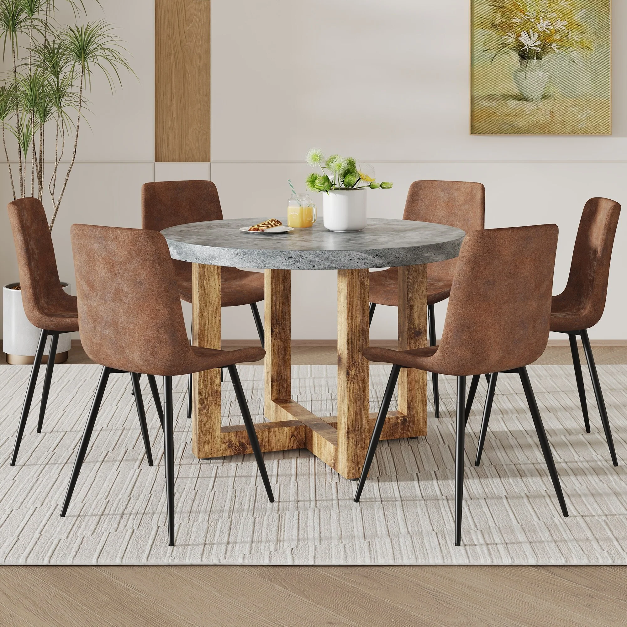 Modern Style Dining Table Set with Faux Cement Top, Wooden Legs, and Suede Upholstered Chairs