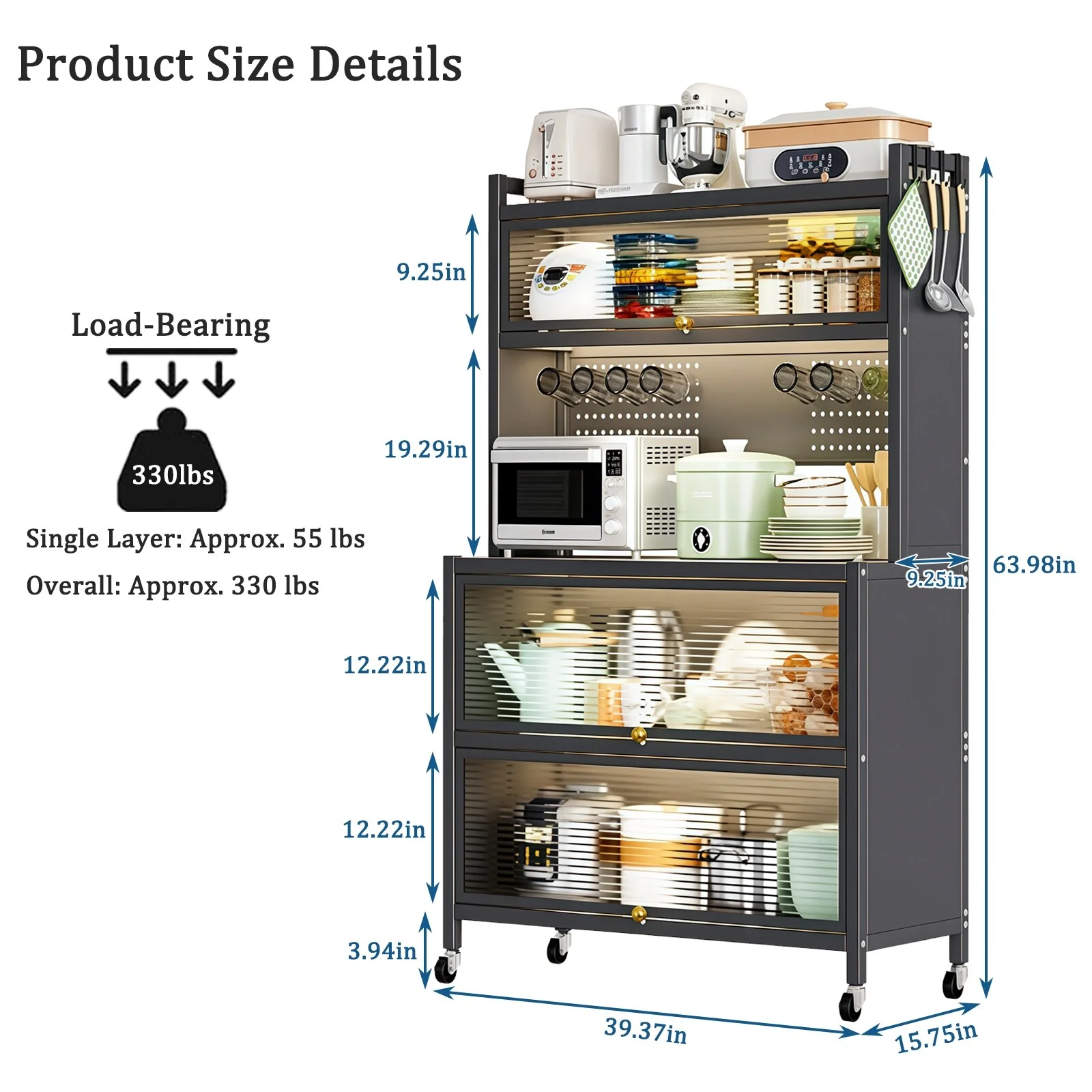 5 Tier 63 Metal Kitchen Storage Cabinets with 10 Hooks,Microwave Stand,Kitchen Storage Rack