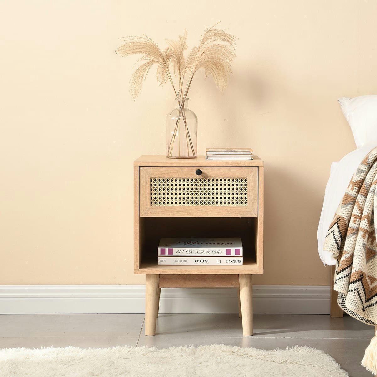 EDEN - Table de chevet 1 tiroir en bois et cannage naturel 40 cm