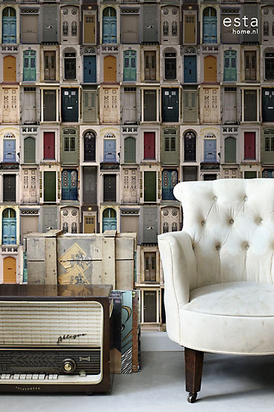 ESTAhome papier peint intissé XXL portes vintage beige, bleu, rouge et vert 50 x 900 cm