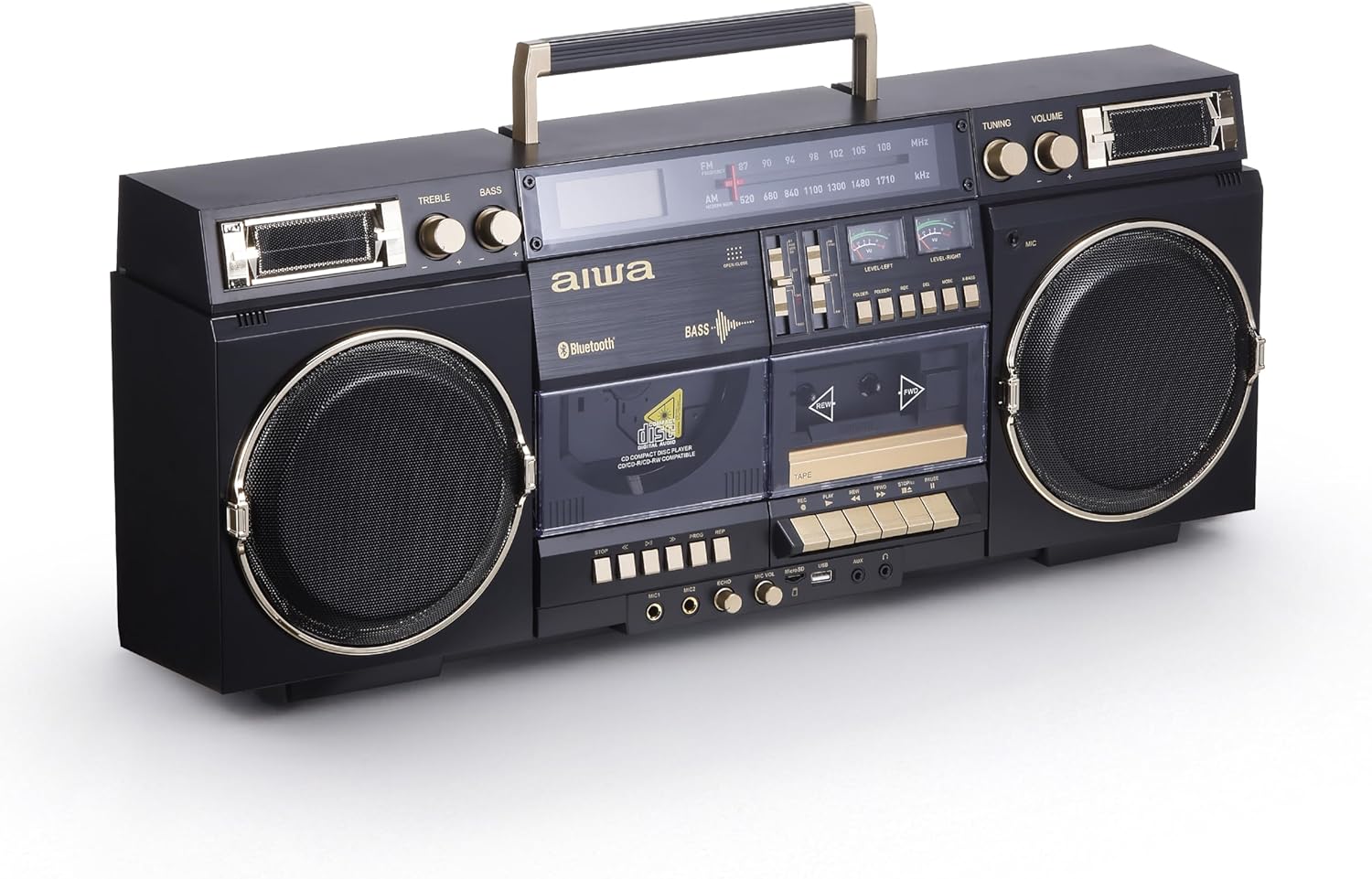 aiwa Retro Boombox BackTrack CD Player with Cassette Recording  Bluetooth 5.0  FM/AM Radio  USB/SD/AUX Inputs  VU Meters  LCD Display  Dual 40W Speakers (Black and Gold)