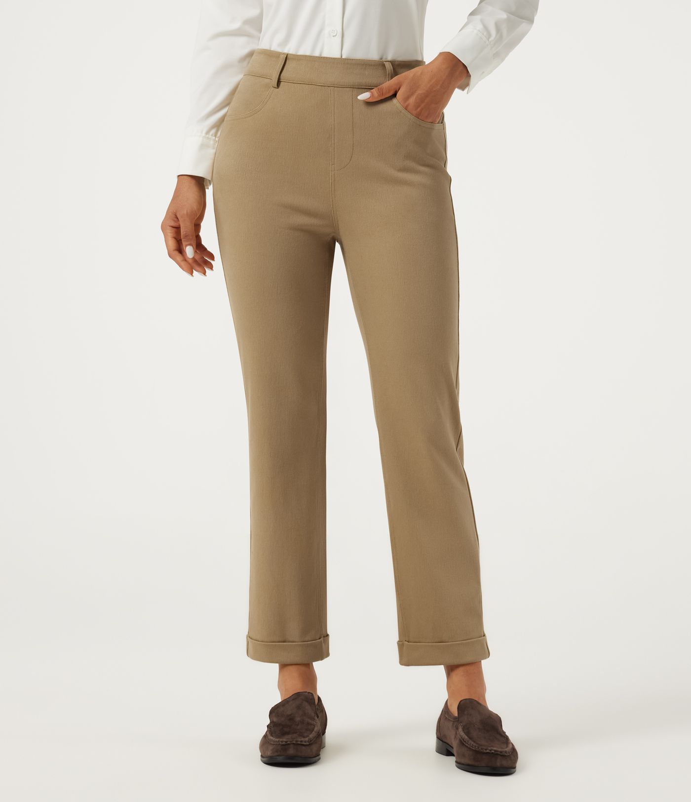 Pantalon de bureau en coton taille haute coupe fuselée à ourlet roulotté avec poches