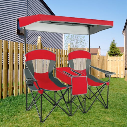 NNECW Double Folding Camping Chair with Canopy and Armrests-Red