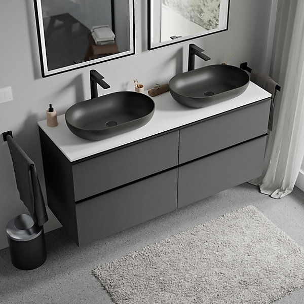 Meuble sous vasque suspendu MDF Anthracite mat, plan vasque Blanc mat, poignée Noir mat - 120x46x62cm - LAVOA