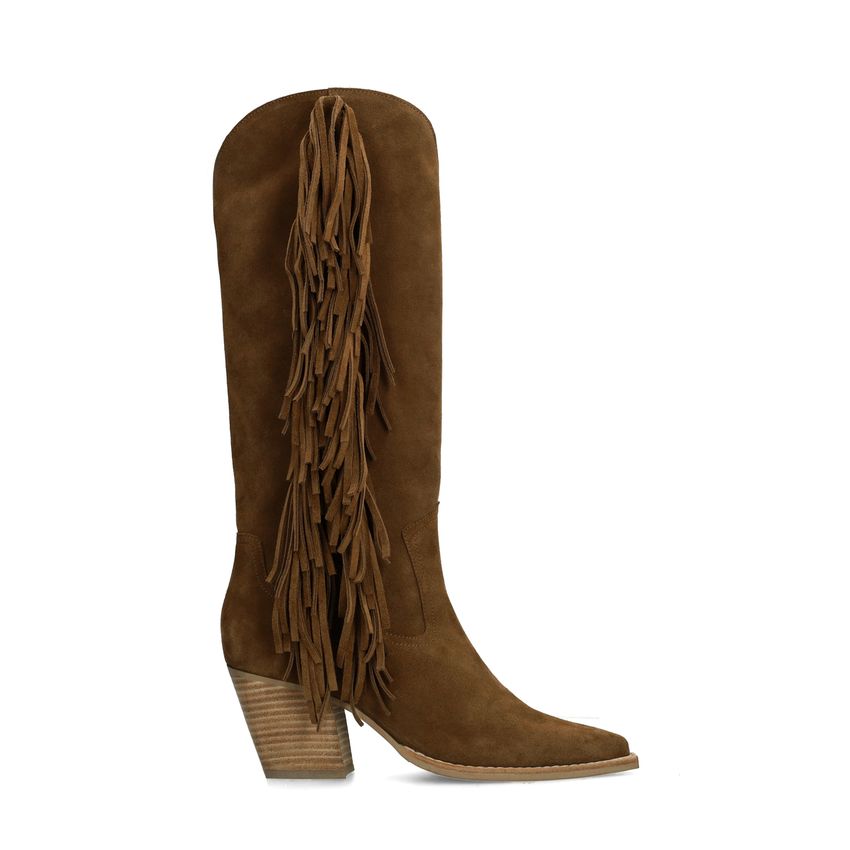 Manfield Bruine suède hoge cowboy laarzen met franjes