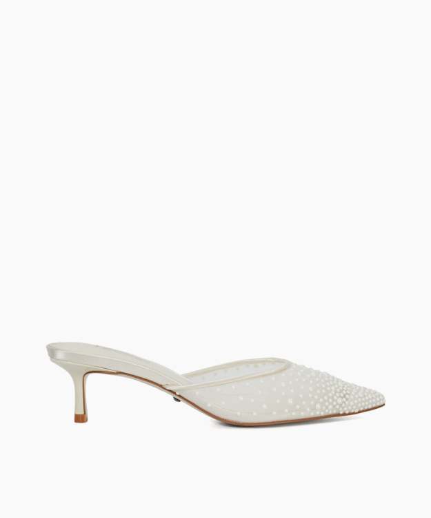 Cuddling Ivory - Sea Pearl Embellished Kitten Heel Wedding Mules