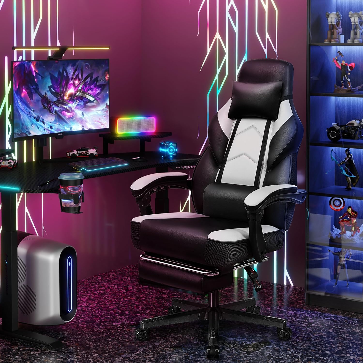 Meilocar Big and Tall Gaming Chair for Adults, 330lbs Heavy Duty Computer Chair with Footrest, Video Game Chair, Massage Lumbar Support, Wide Seat High Back Reclining Desk Chair, White