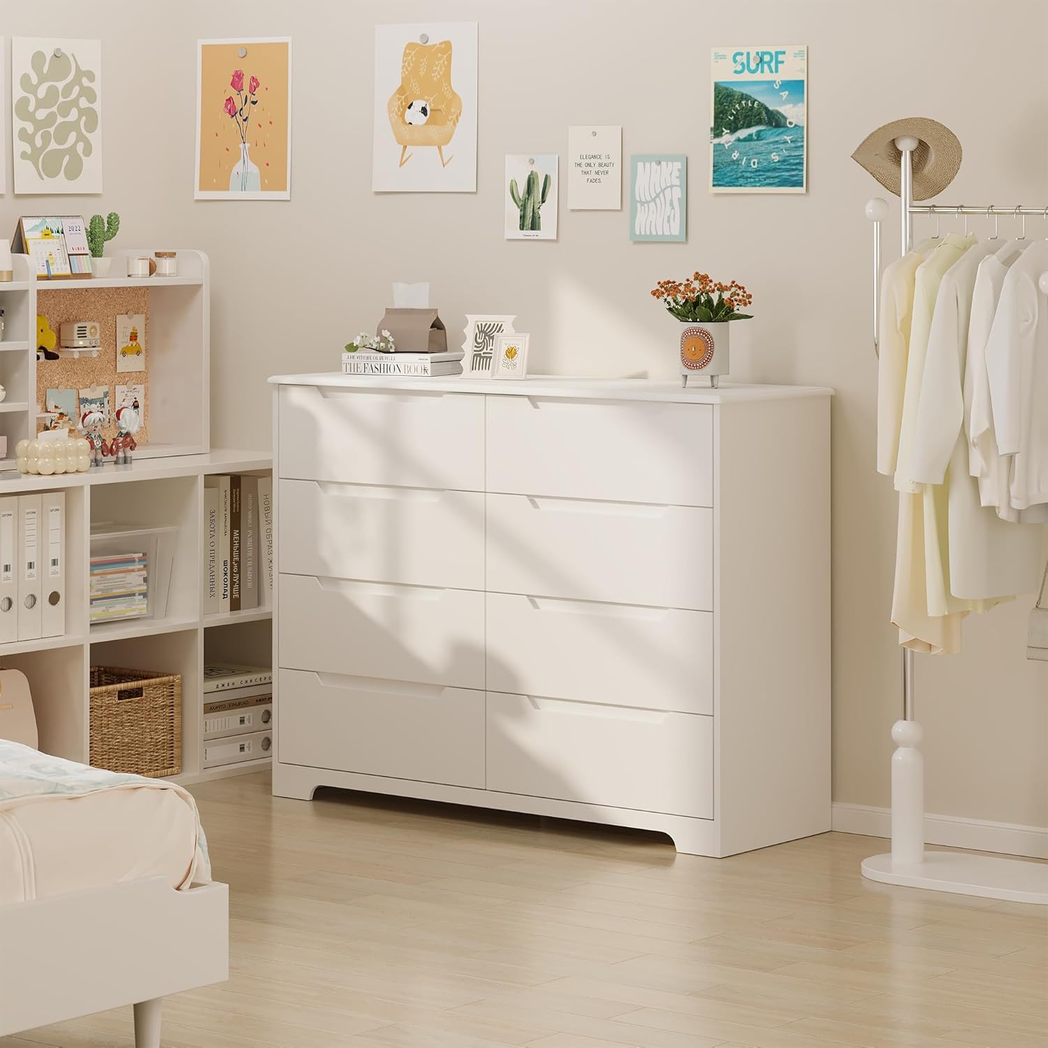 Gizoon 8 Drawer Dresser, 47 Wide White Dresser for Bedroom with Cut-Out Handles, Modern Wooden Chest of Drawers with Anti-Tip Kit, for Living Room, Hallway, Entryway, Home Office
