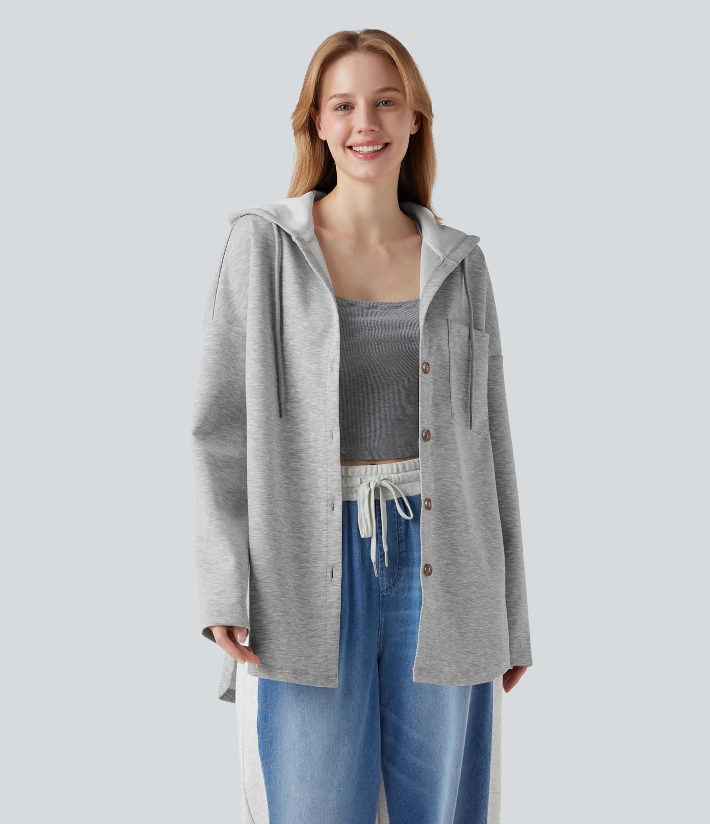 Sweat-shirt à capuche avec cordon de serrage à manches longues et ourlet arrondi avec poche