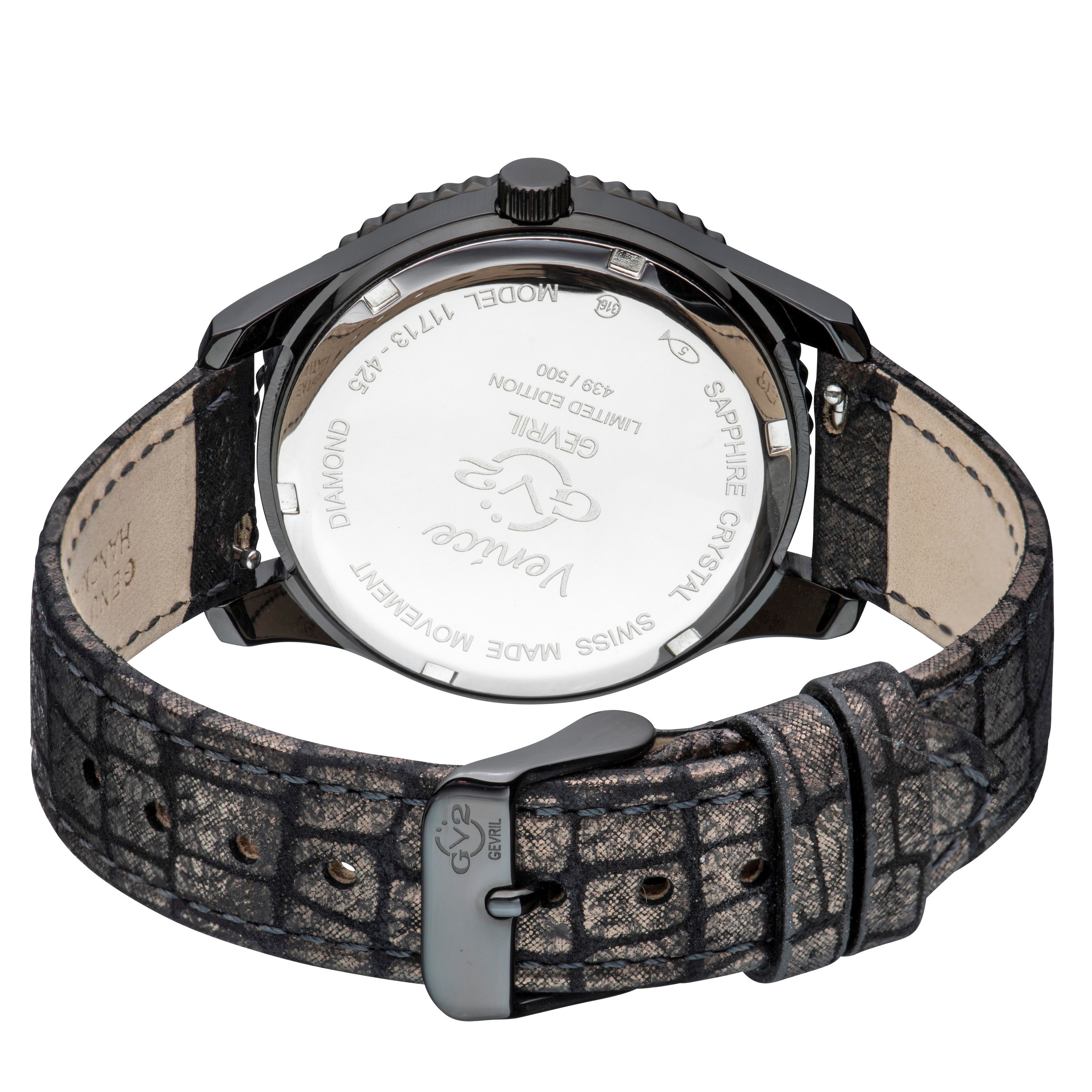 GV2 Venice, Swiss Quartz Watch, Black Dial, Hand made Italian leather, and Sapphire Crystal