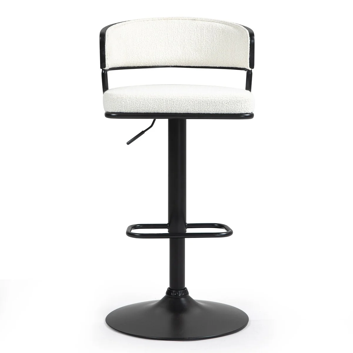 Bayle White Boucle Fabric Adjustable Swivel Bar Stool with Iron Pedestal