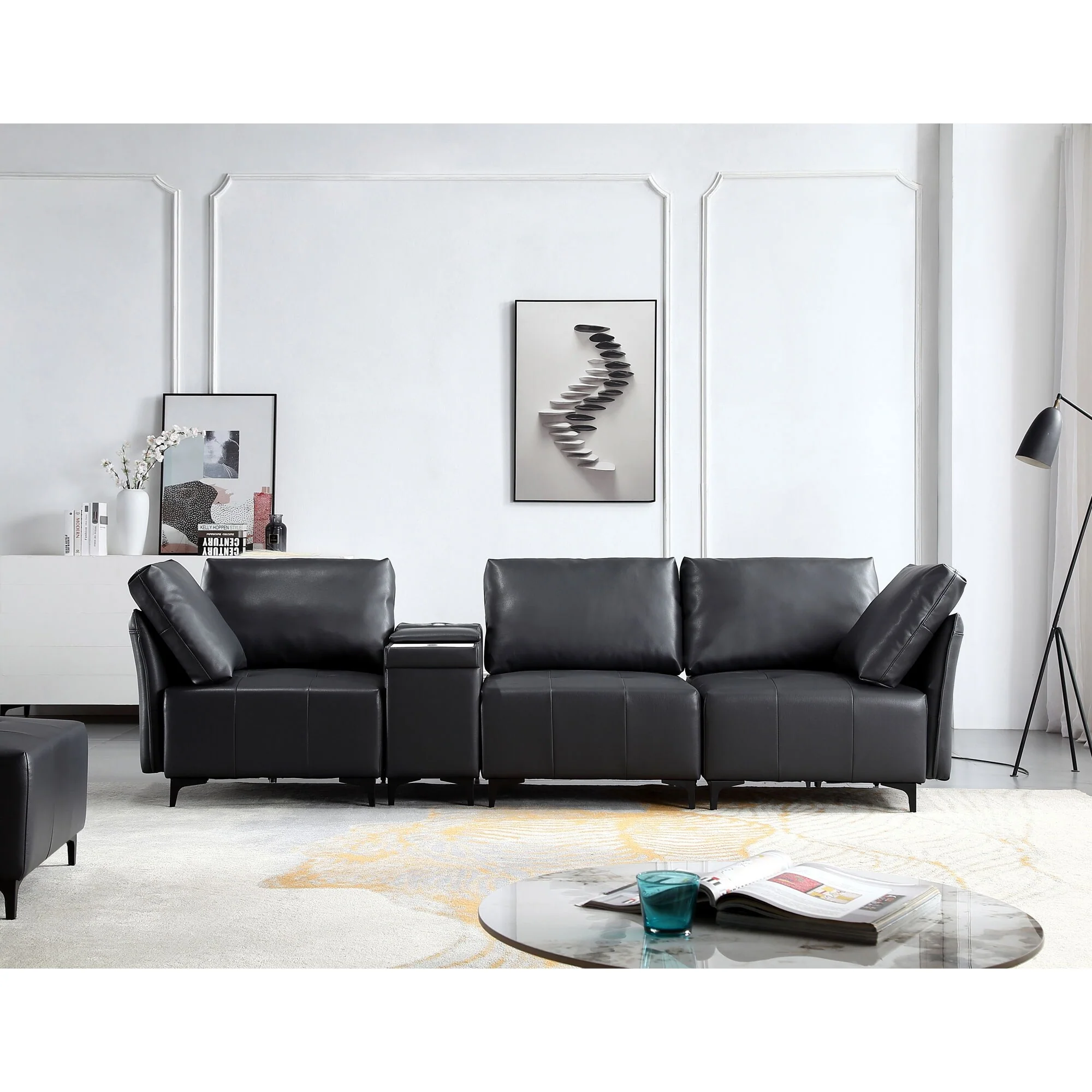 109.05'' Fabric 3 Seater Sectional Sofa with Bluetooth Speakers, Wireless Charging, 2 USB Ports, and Storage Console